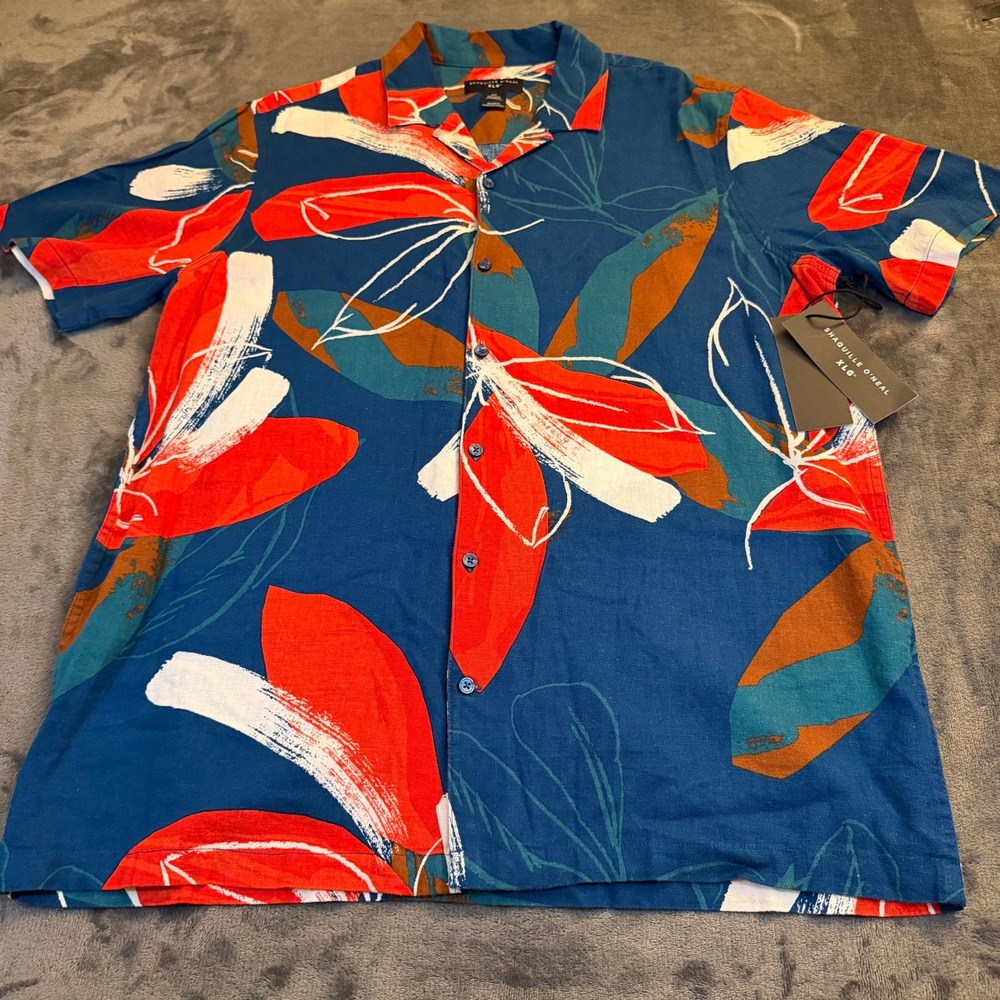 Shaquille Oneal Blue Floral Linen Blend Short Sleeve Button Up Shirt Mens XLT